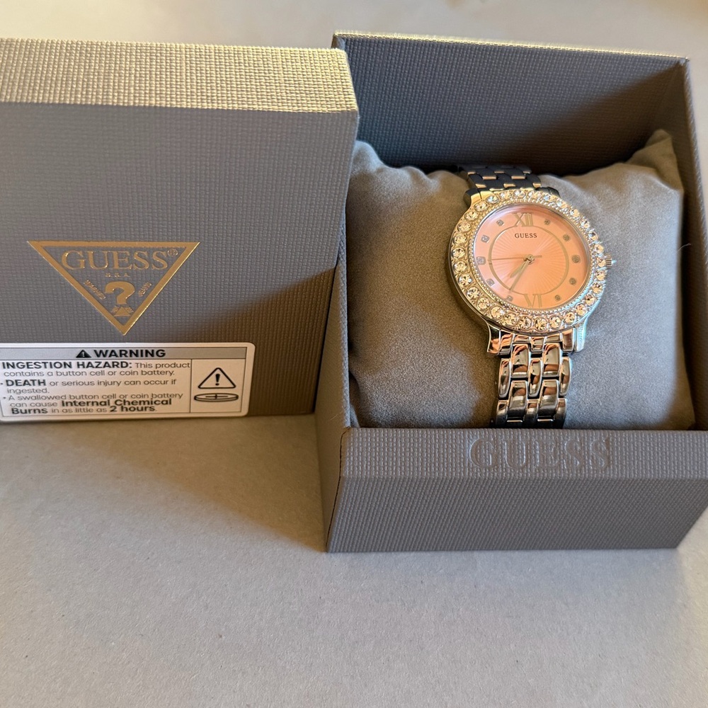 GUESS Silver Tone Bracelet Watch Pink Crystal Bezel Stainless Steel Women’s - Picture 7 of 11